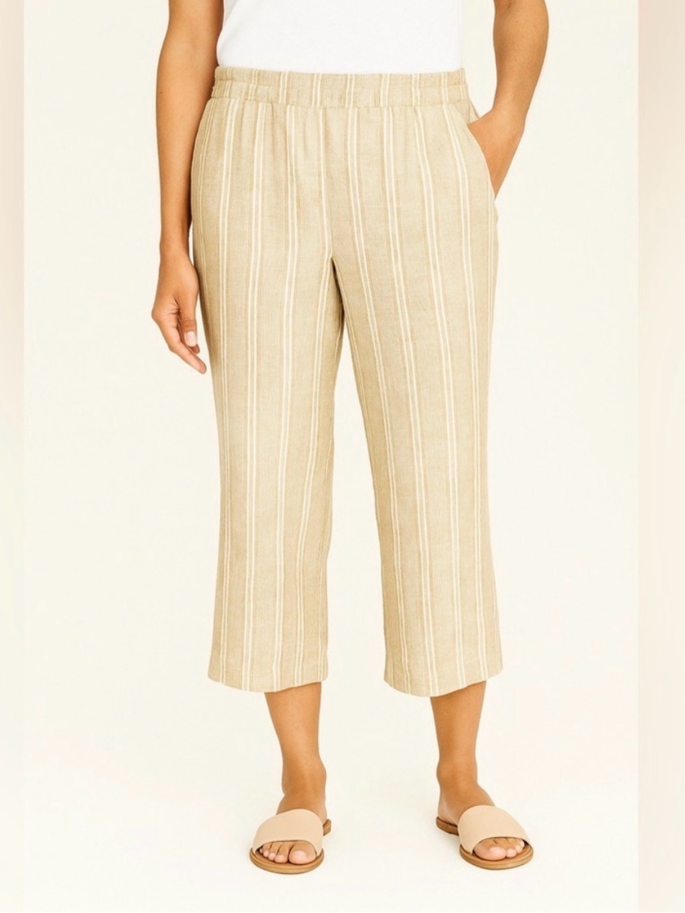 J Jill Linen Blend Cropped Pants Womens 2X Beige Stripe Pull On Coastal Crop